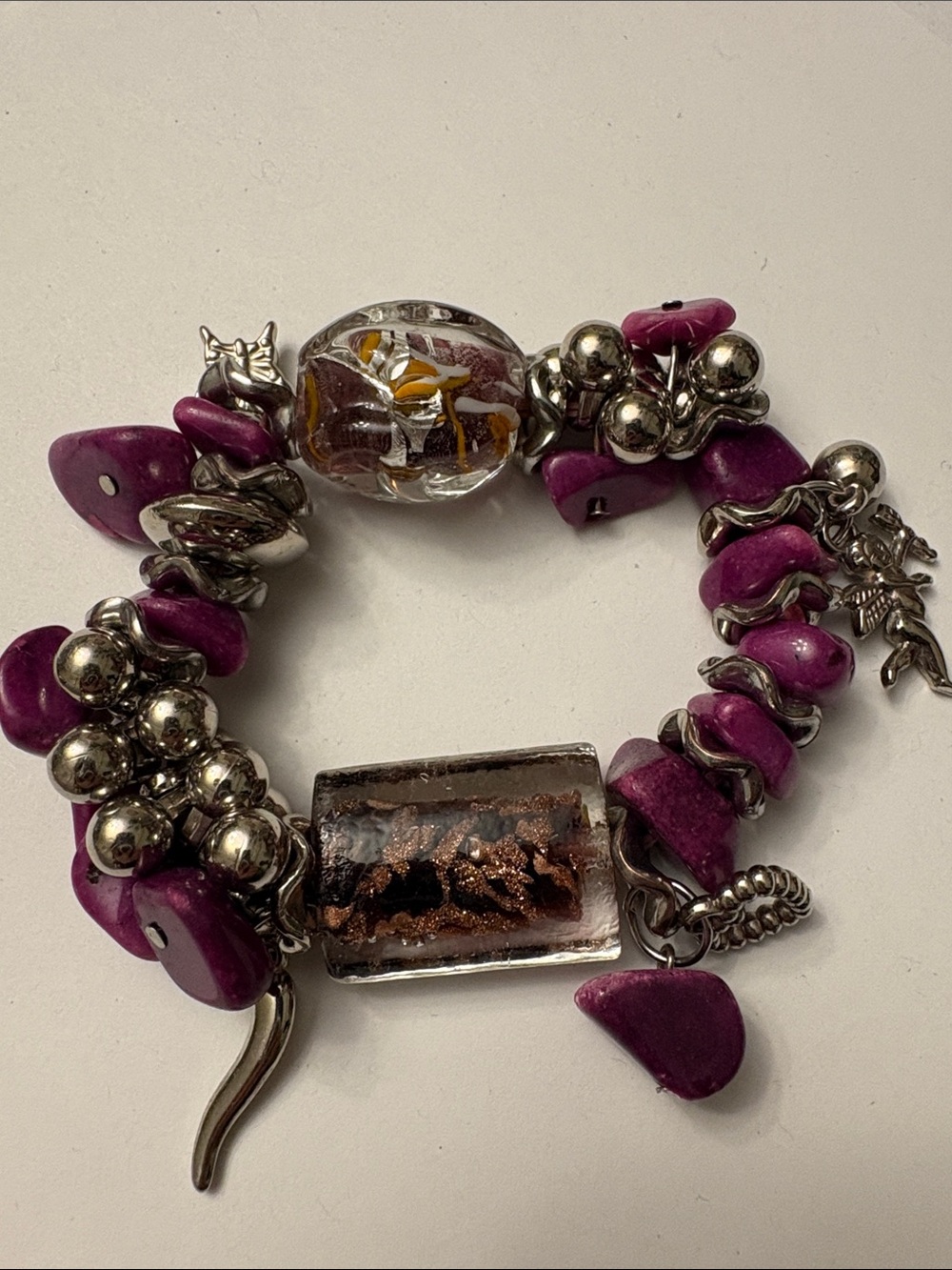 Artisan Murano Style Lampwork Glass Magenta Stone Silver Charm Boho Cuff #235